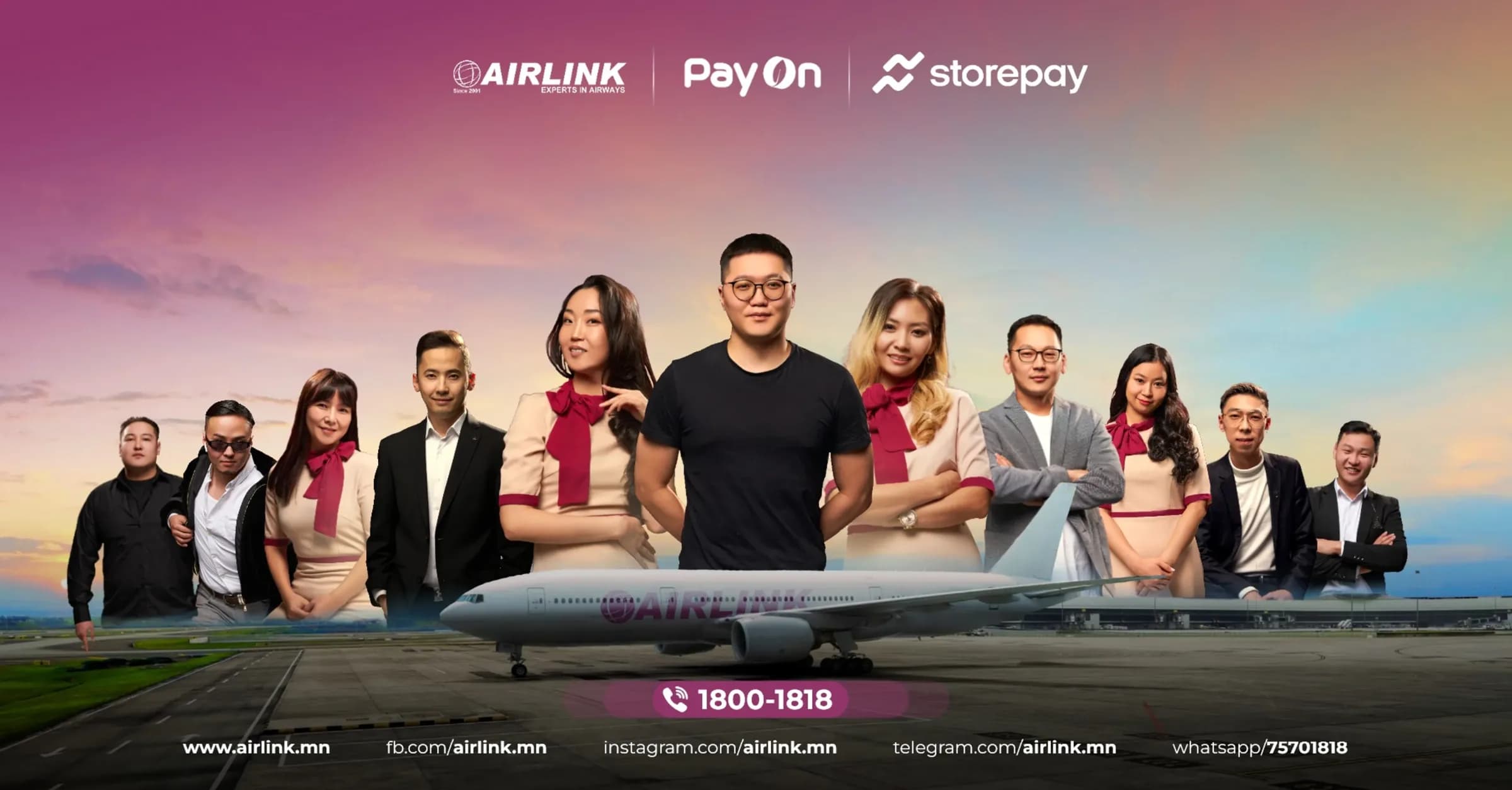 The Airlink Mongolia team in front of a Boeing 777 in company livery. The banner also carries the Airlink, PayOn and StorePay marks and the 1800-1818 switchboard number.